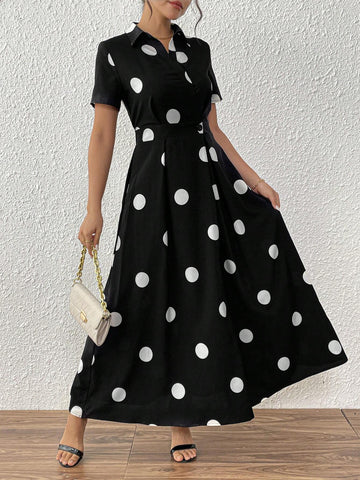 Elegant Polka Dot Print Button Design Dress, Summer
