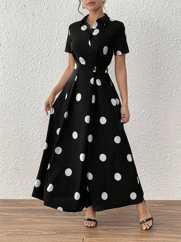 Elegant Polka Dot Print Button Design Dress, Summer