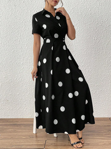 Elegant Polka Dot Print Button Design Dress, Summer