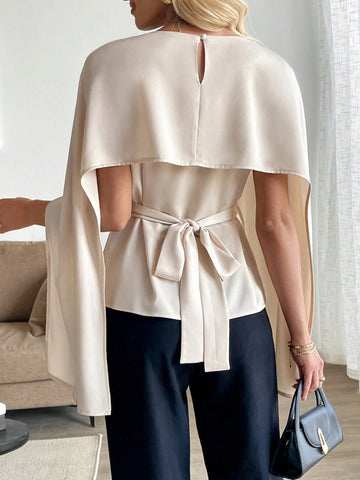 Clasi Elegant Romantic French Style Hooded Poncho Cardigan With Waist Tie, Long Sleeve Blouse