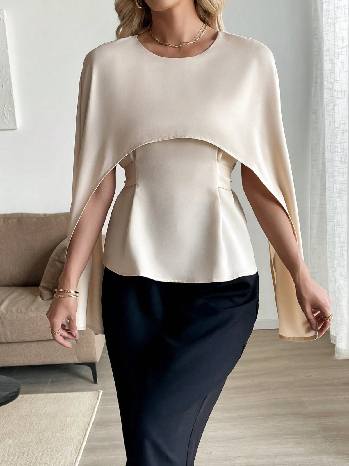 Clasi Elegant Romantic French Style Hooded Poncho Cardigan With Waist Tie, Long Sleeve Blouse