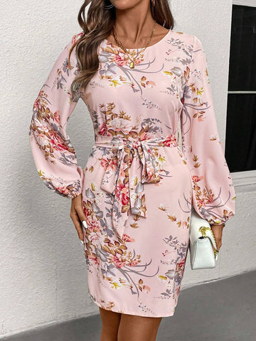 Elegant Romantic Lanseur Floral Print Round Neck Long Sleeve Short Dress
