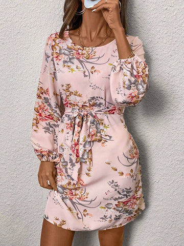 Elegant Romantic Lanseur Floral Print Round Neck Long Sleeve Short Dress