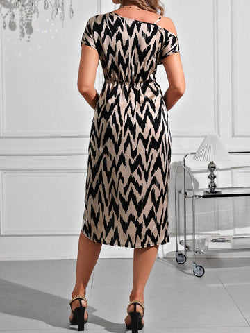Elegant Satin Printed Oblique-Shoulder Neckline Dress With Metal-Decorated Straps, Knotting