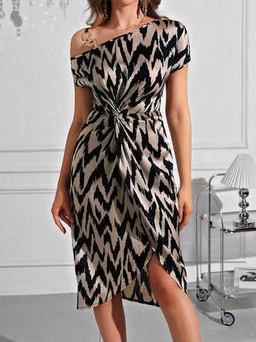 Elegant Satin Printed Oblique-Shoulder Neckline Dress With Metal-Decorated Straps, Knotting