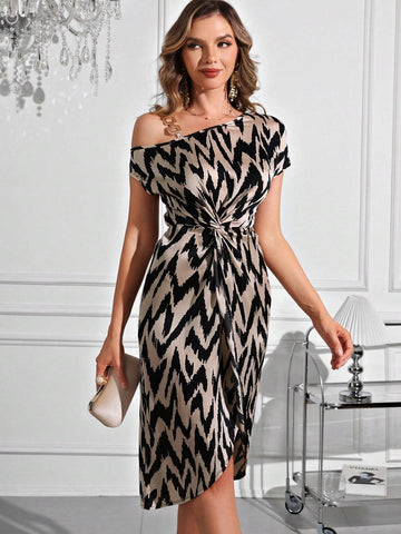 Elegant Satin Printed Oblique-Shoulder Neckline Dress With Metal-Decorated Straps, Knotting