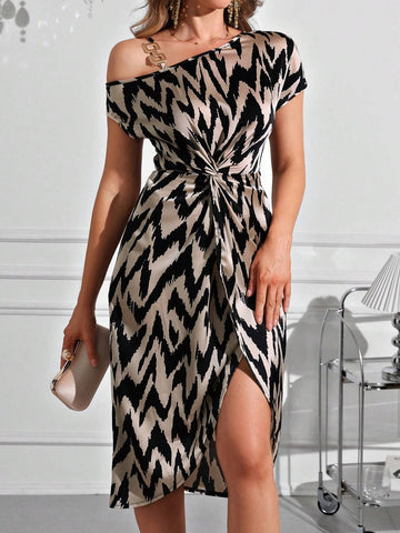 Elegant Satin Printed Oblique-Shoulder Neckline Dress With Metal-Decorated Straps, Knotting