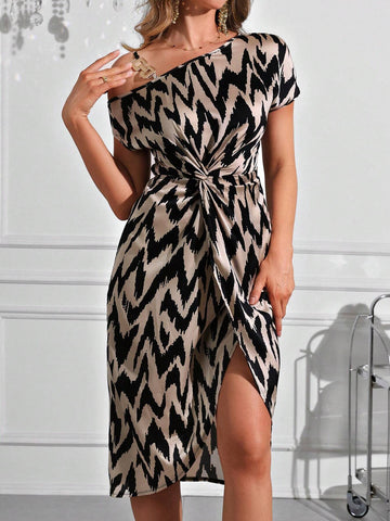 Elegant Satin Printed Oblique-Shoulder Neckline Dress With Metal-Decorated Straps, Knotting