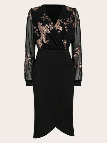 Elegant Sequin & Mesh Patchwork Dress, Spring Summer