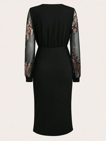Elegant Sequin & Mesh Patchwork Dress, Spring Summer