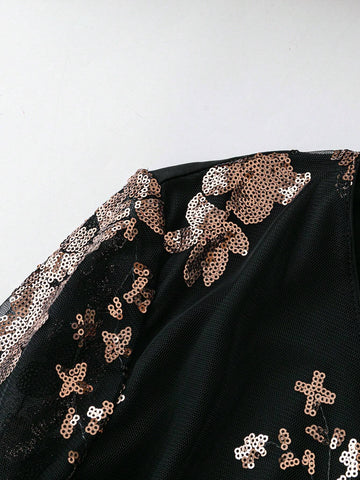 Elegant Sequin & Mesh Patchwork Dress, Spring Summer