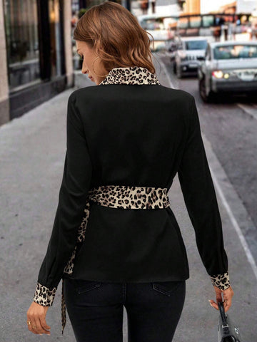 Clasi Elegant Winter Women's Black Long Sleeved Patchwork Leopard Print Shawl Collar Knot Side Wrap Blouse