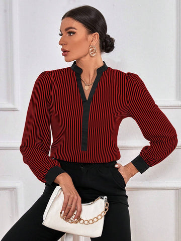 Clasi Elegant Women Striped Print Keyhole Neck Puff Sleeve Blouse