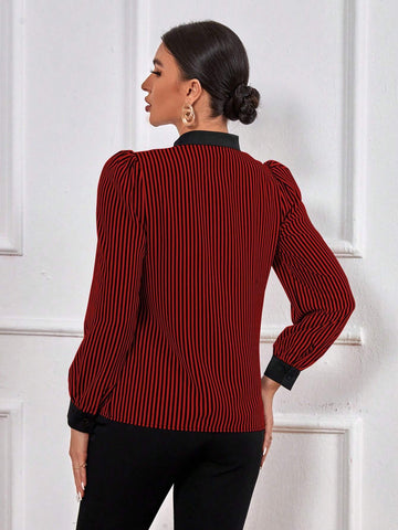Clasi Elegant Women Striped Print Keyhole Neck Puff Sleeve Blouse