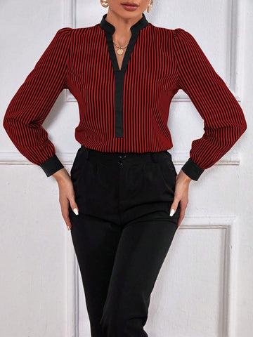 Clasi Elegant Women Striped Print Keyhole Neck Puff Sleeve Blouse