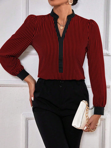 Clasi Elegant Women Striped Print Keyhole Neck Puff Sleeve Blouse