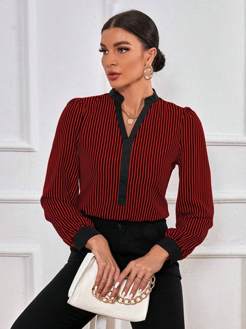 Clasi Elegant Women Striped Print Keyhole Neck Puff Sleeve Blouse