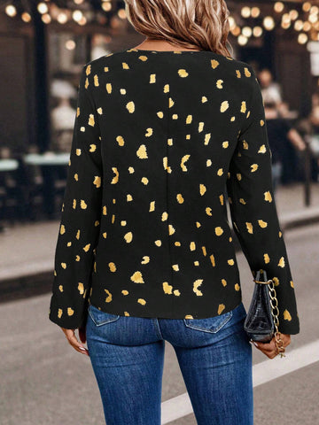 Clasi Elegant Women's Autumn Foil Print Zip-Up Stand Collar Roll-Up Sleeve Blouse