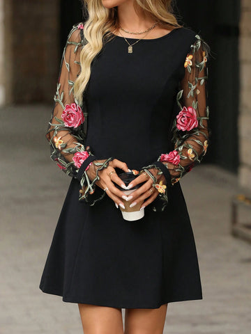 Elegant Women's Black Long Sleeve Patchwork Mesh Embroidered Ruffle Sleeve A-Line Dress