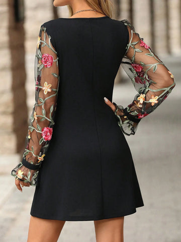 Elegant Women's Black Long Sleeve Patchwork Mesh Embroidered Ruffle Sleeve A-Line Dress