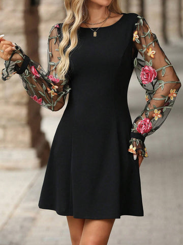 Elegant Women's Black Long Sleeve Patchwork Mesh Embroidered Ruffle Sleeve A-Line Dress