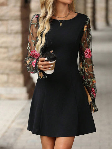 Elegant Women's Black Long Sleeve Patchwork Mesh Embroidered Ruffle Sleeve A-Line Dress