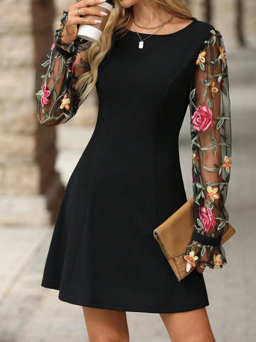 Elegant Women's Black Long Sleeve Patchwork Mesh Embroidered Ruffle Sleeve A-Line Dress