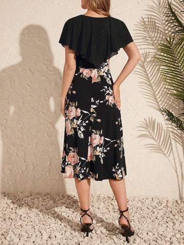 Elegant Women's Flounce Flower Printed A-Line Dress