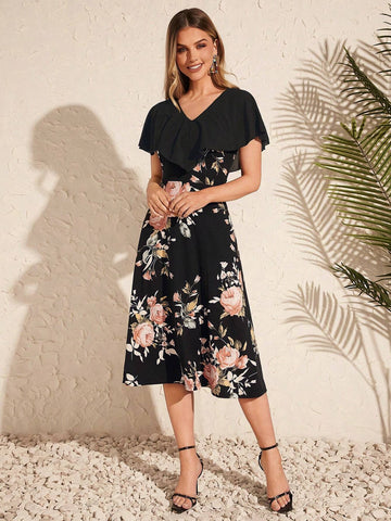 Elegant Women's Flounce Flower Printed A-Line Dress