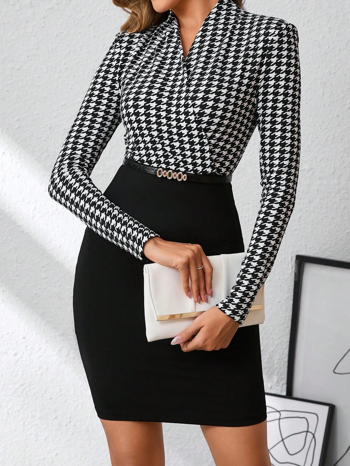 Elegant Women's Long Sleeve Houndstooth Overlapping V-Neck Splicing Black Solid Color Waist Fitted