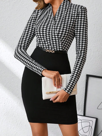 Elegant Women's Long Sleeve Houndstooth Overlapping V-Neck Splicing Black Solid Color Waist Fitted