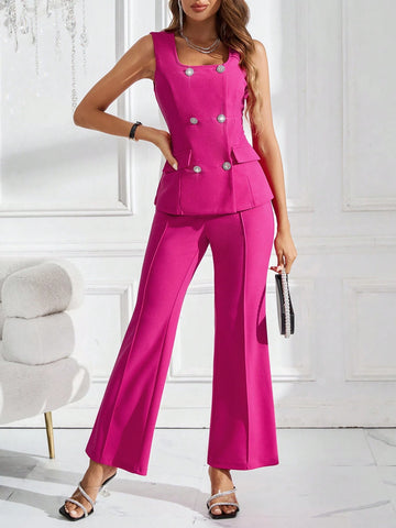 Elegant Women's Square Neckline Pink Buttoned Suit