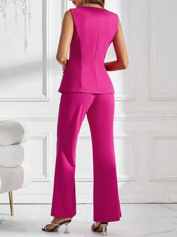 Elegant Women's Square Neckline Pink Buttoned Suit