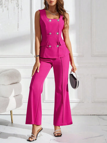 Elegant Women's Square Neckline Pink Buttoned Suit