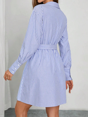 Elegant Women's Winter Blue&White Striped Patchwork Pleated Wrap V-Neck Adjustable Waist Cinchi