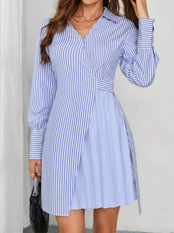Elegant Women's Winter Blue&White Striped Patchwork Pleated Wrap V-Neck Adjustable Waist Cinchi