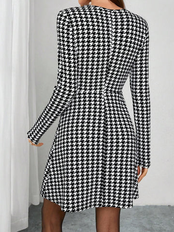 Elegant Women's Winter Long Sleeved Checkered Black Waist Cinched A-Line Dress, Suitable F