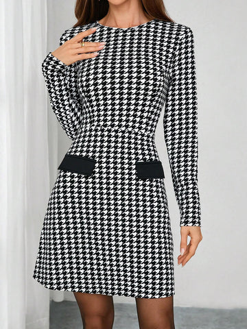 Elegant Women's Winter Long Sleeved Checkered Black Waist Cinched A-Line Dress, Suitable F