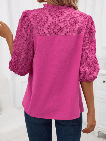 Eyelet Embroidery Frill Neck Puff Sleeve Button Front Shirt