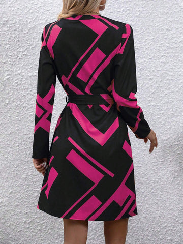 Fall Color Block Geometric Print V-Neck Long Sleeve Dress