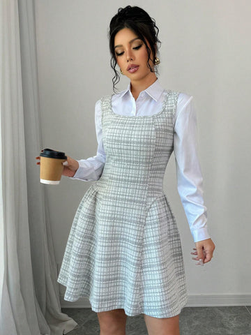 Fashionable Commute & Casual Everyday V-Neck A-Line Sleeveless Dress, Waist Cinched, Elegant And