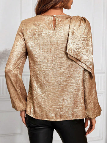 Clasi Fashionable Double Layer Oversized Bow Detail Shirt, Spring & Autumn