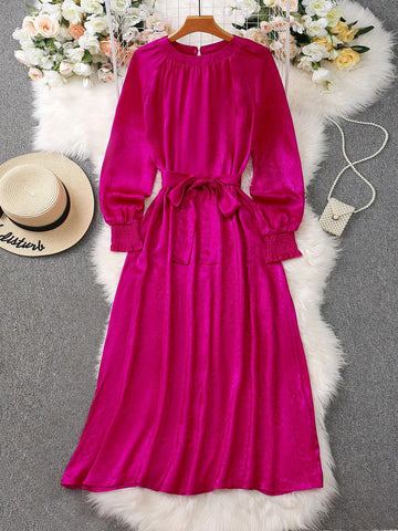 Fashionable Elegant Lantern Sleeve Stand Collar Waist Tie Belt A-Line Shiny Women Dress