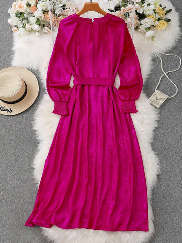 Fashionable Elegant Lantern Sleeve Stand Collar Waist Tie Belt A-Line Shiny Women Dress