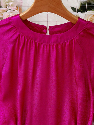 Fashionable Elegant Lantern Sleeve Stand Collar Waist Tie Belt A-Line Shiny Women Dress