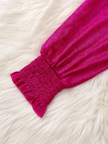 Fashionable Elegant Lantern Sleeve Stand Collar Waist Tie Belt A-Line Shiny Women Dress