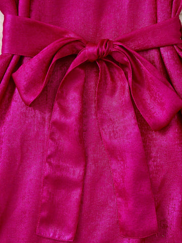 Fashionable Elegant Lantern Sleeve Stand Collar Waist Tie Belt A-Line Shiny Women Dress