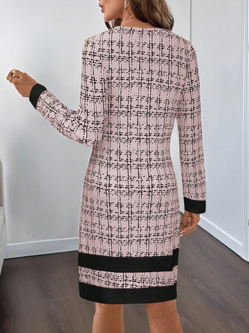 Fashionable Women's Elegant Knitted Colorblock Plaid Mini Dress, Versatile