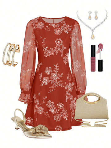 Faux Pearl Floral Print Round Neck Women's Dress