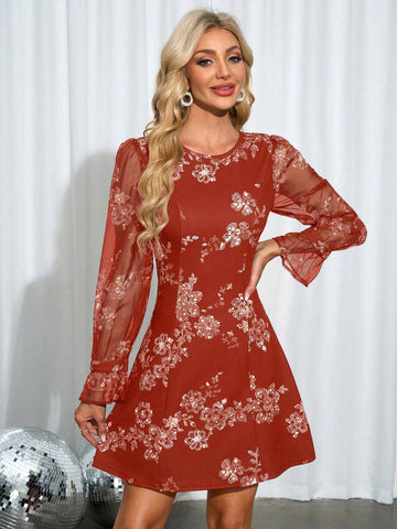 Faux Pearl Floral Print Round Neck Women's Dress